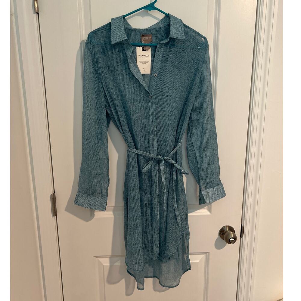 NWT Chico's Herringbone Long Sleeve Sheer Shirt Dress Turquoise Blue Women's 1